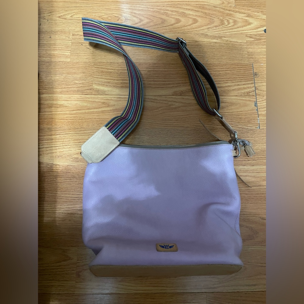 Consuela Lavender Pebbled Leather Crossbody with Multicolor Stripe Strap